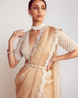 Beige V Neck Pre-Draped Saree Set