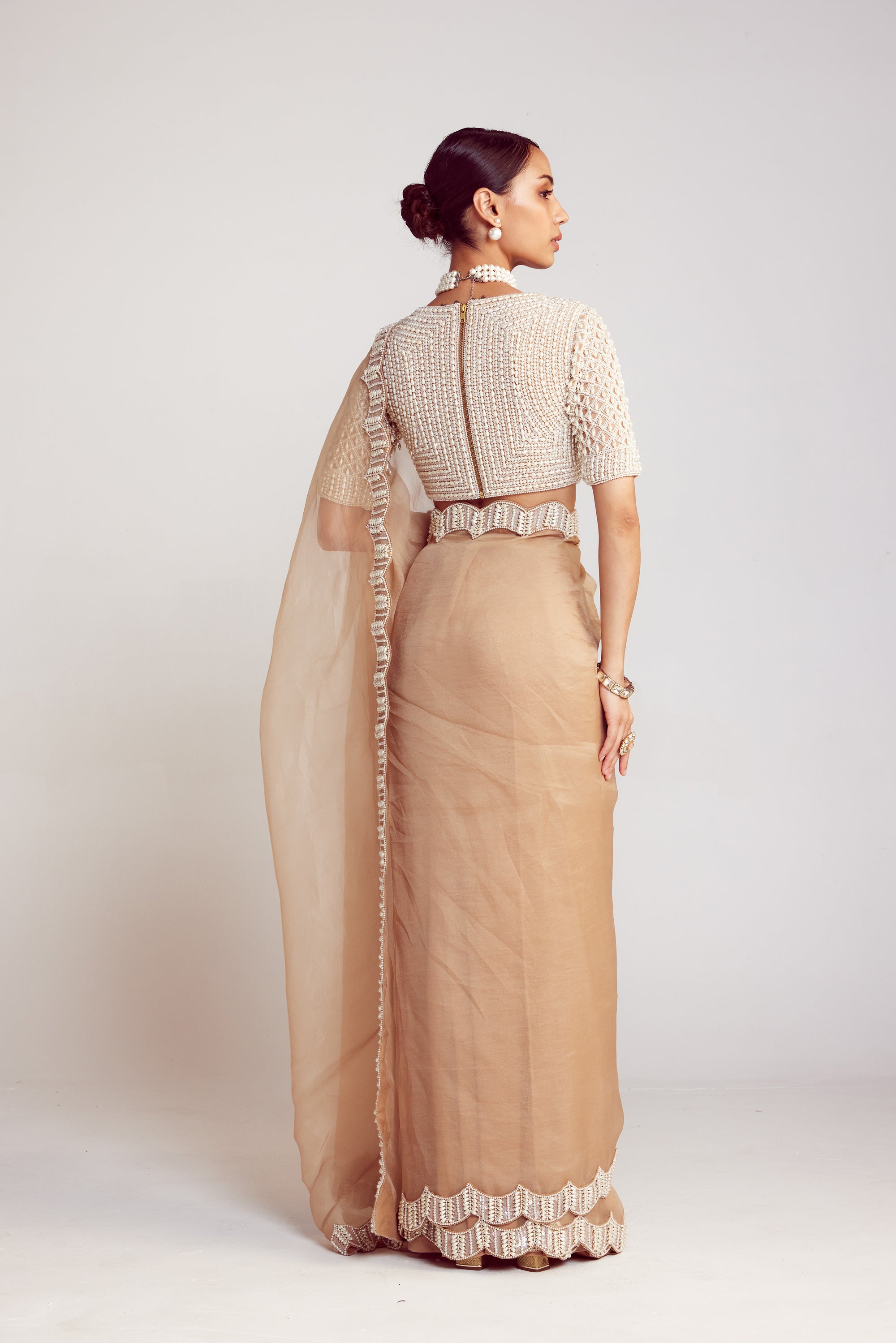 Beige V Neck Pre-Draped Saree Set