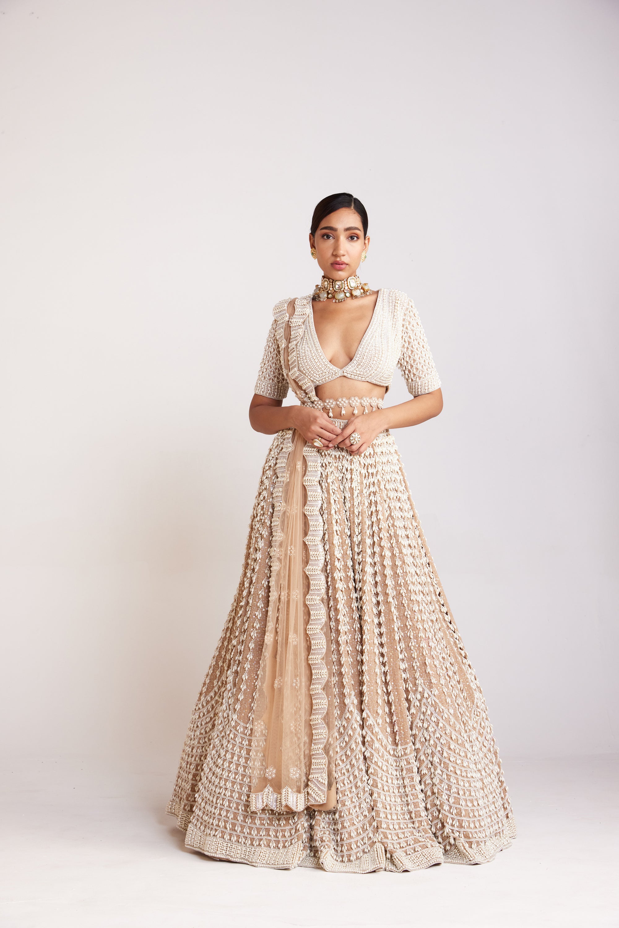 Beige Chandelier Pearl Lehenga Set
