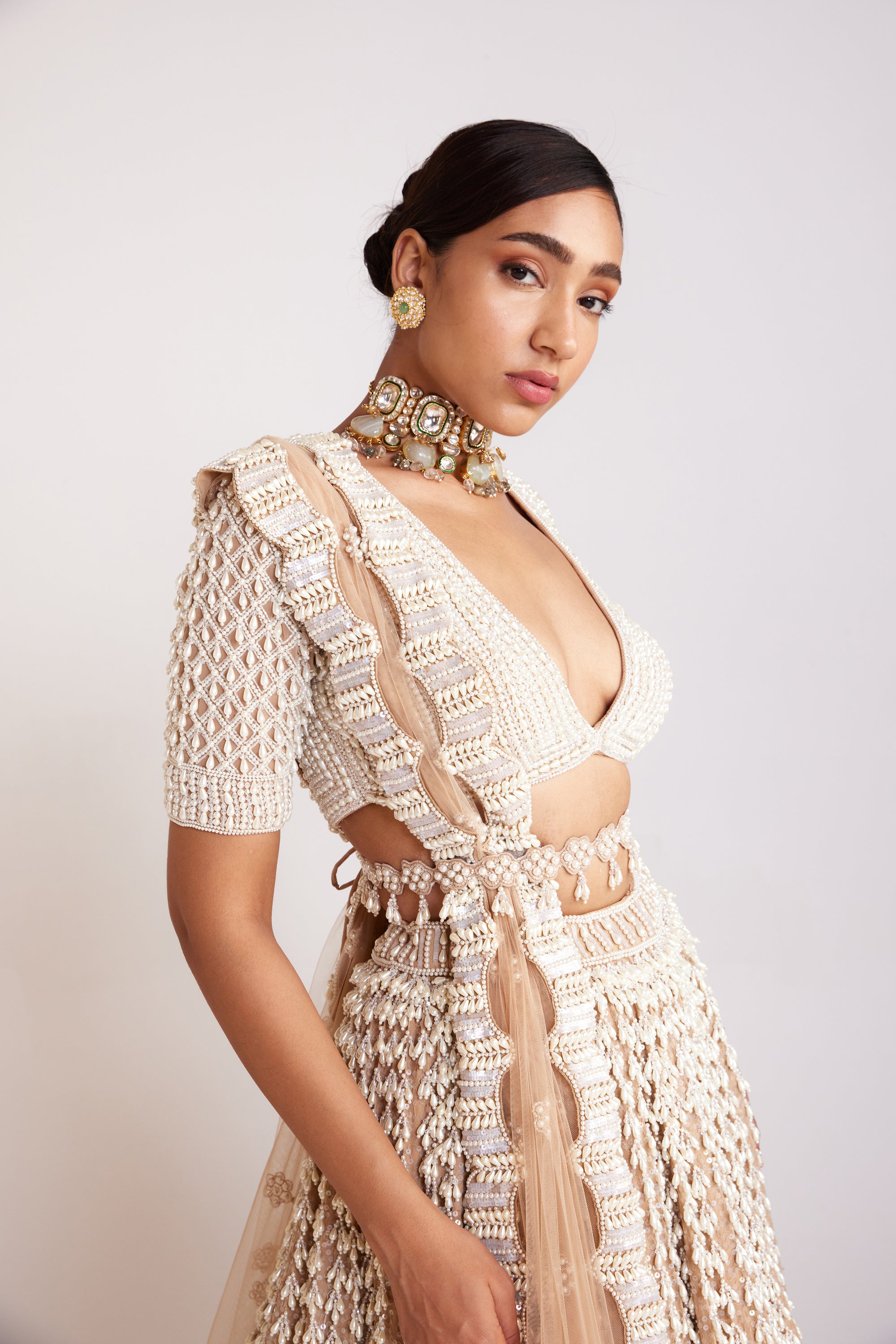 Beige Chandelier Pearl Lehenga Set