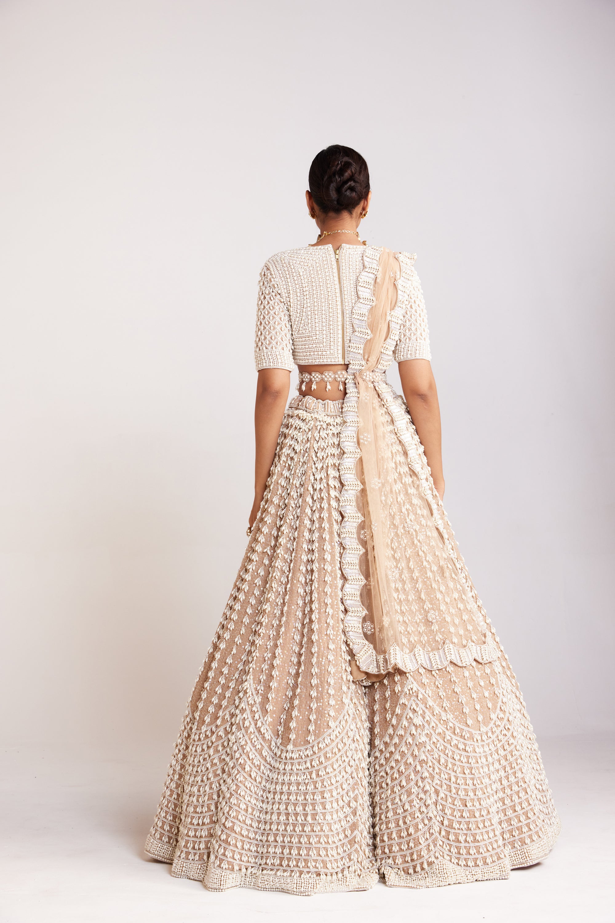 Beige Chandelier Pearl Lehenga Set