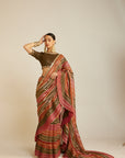 Pre Draped Olive Green Multicolor Saree Set