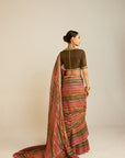 Pre Draped Olive Green Multicolor Saree Set