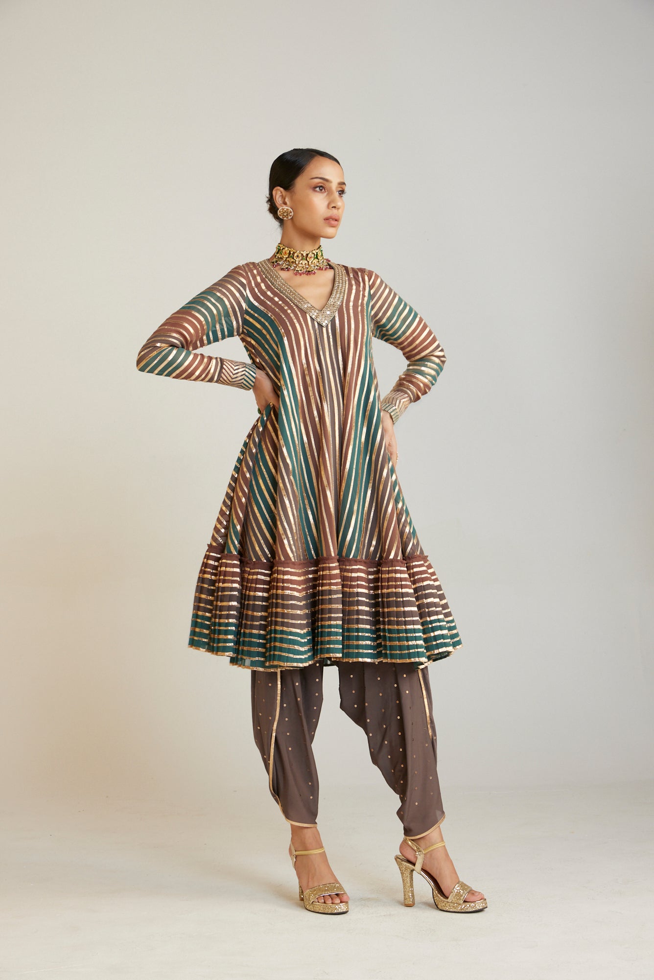 Mud Green V Neck Dhoti Kurta Set