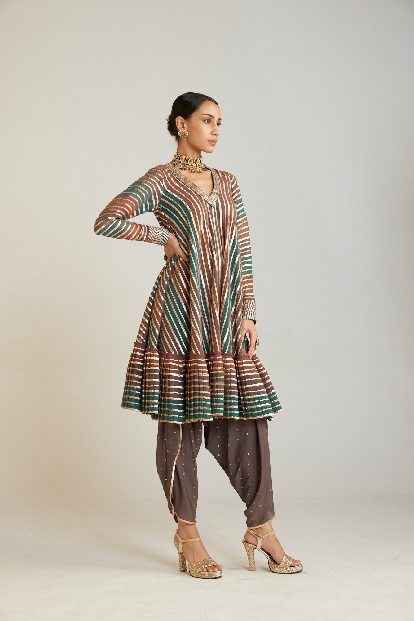 Mud Green V Neck Dhoti Kurta Set