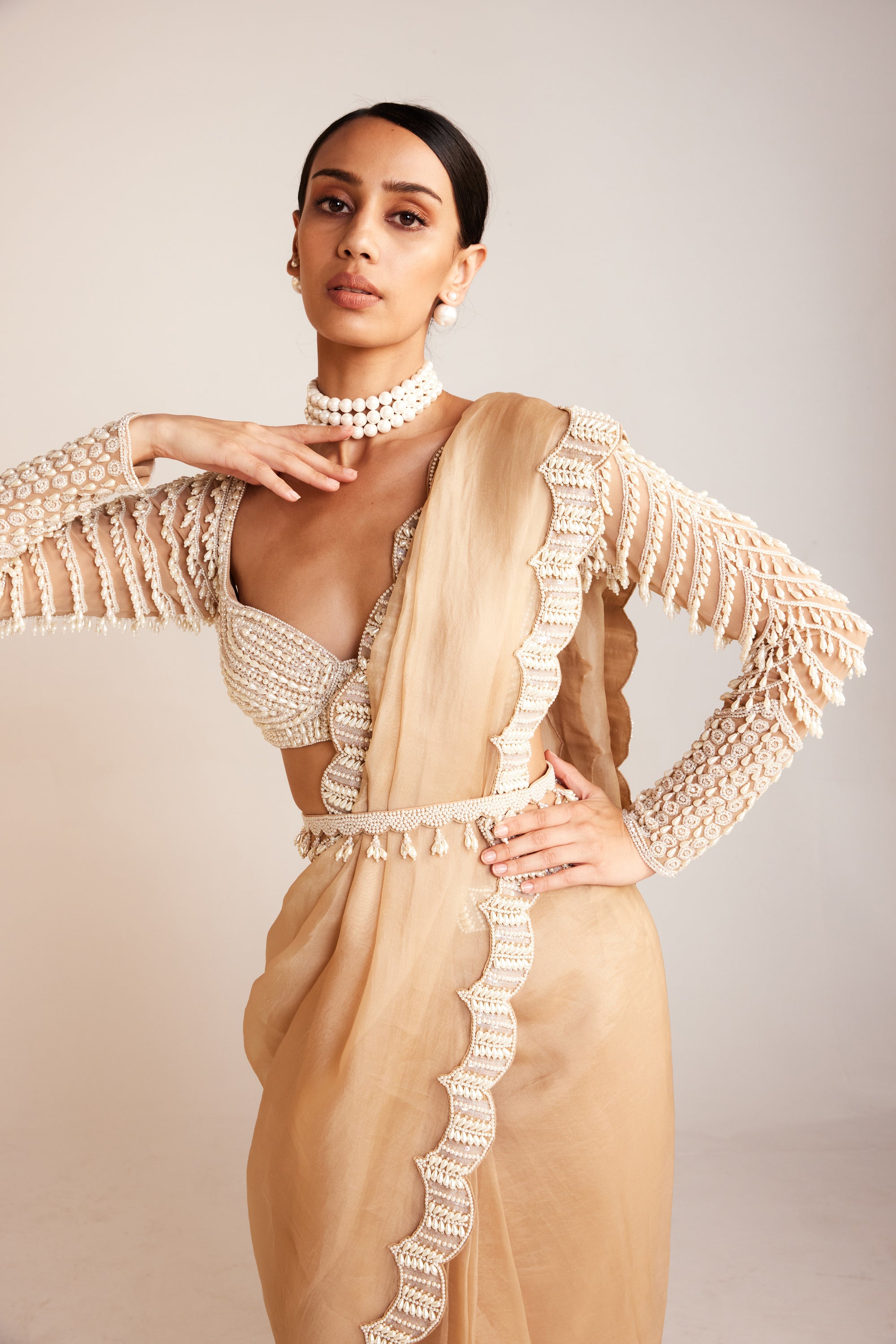 Beige Chandelier Drop Pre-Draped Saree Set