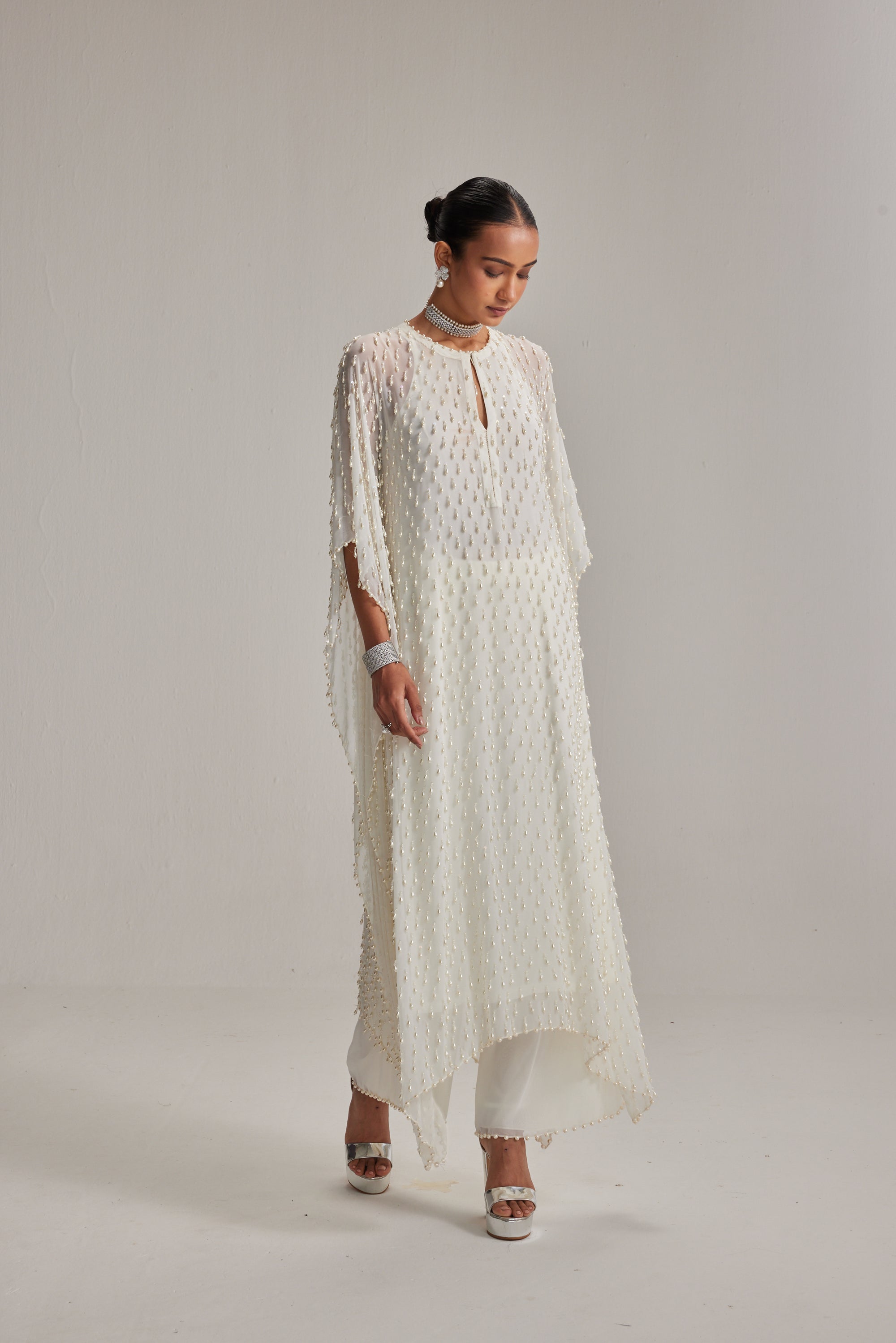 Off White Pearl Drop Kaftaan Set