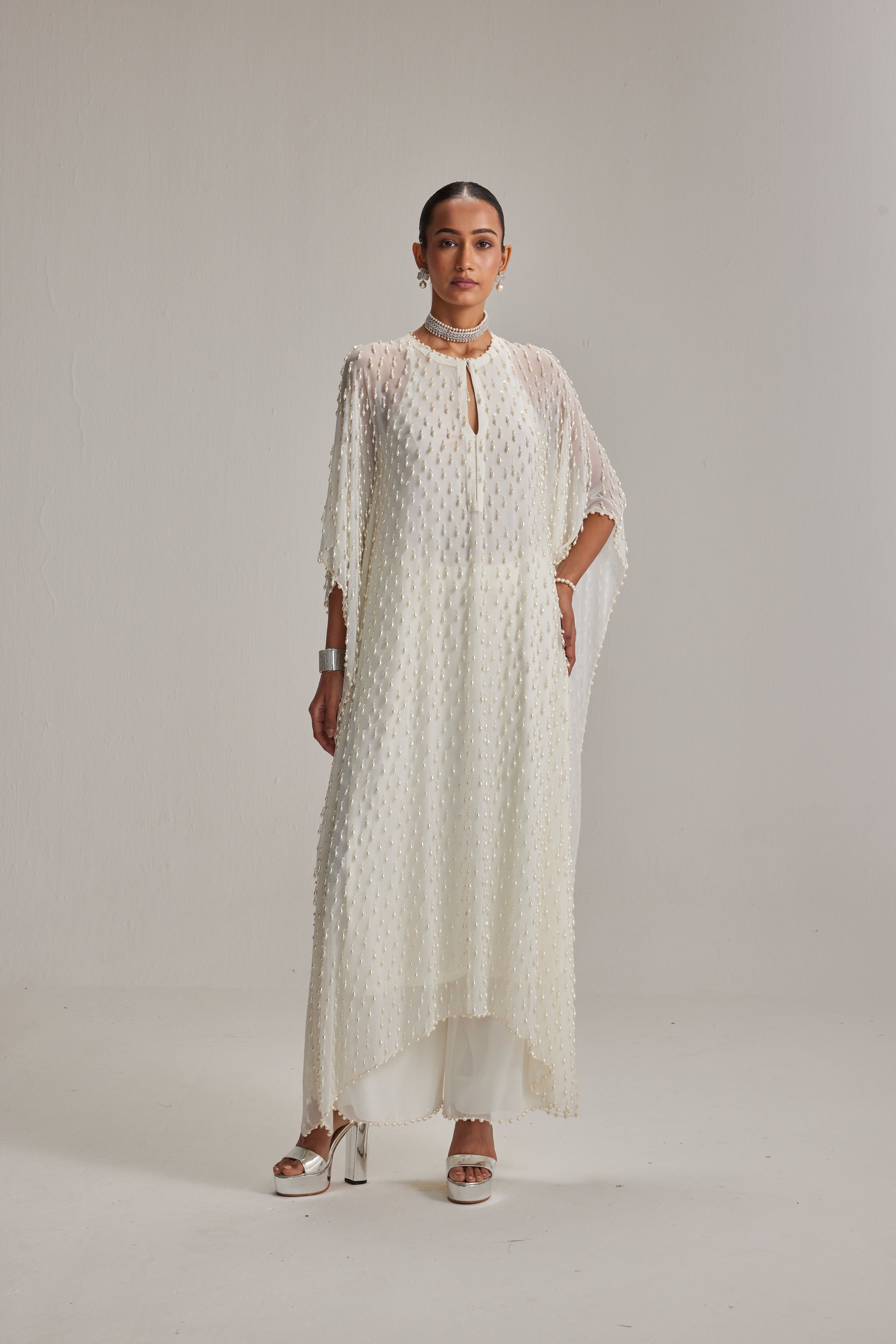Off White Pearl Drop Kaftaan Set