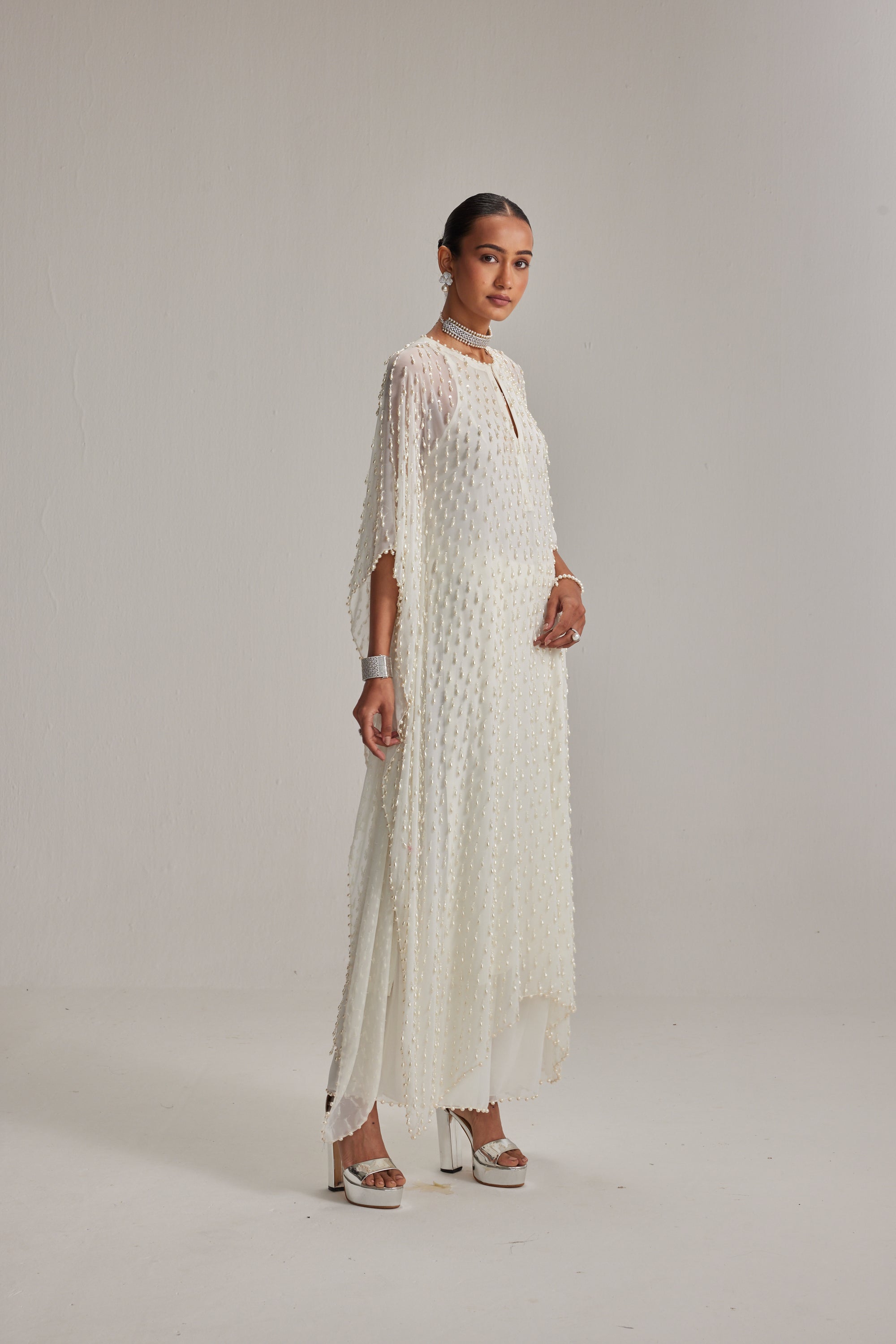 Off White Pearl Drop Kaftaan Set