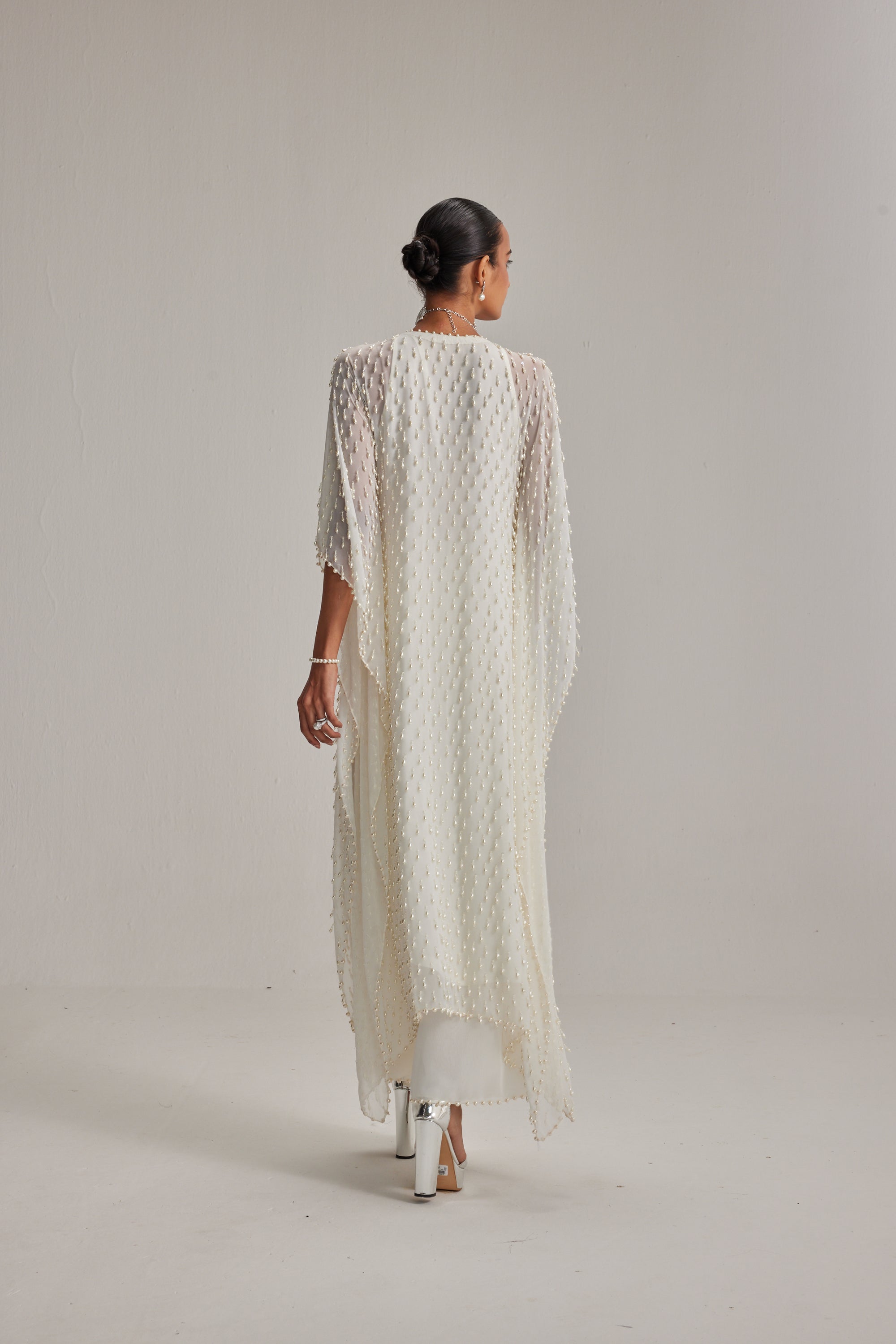 Off White Pearl Drop Kaftaan Set