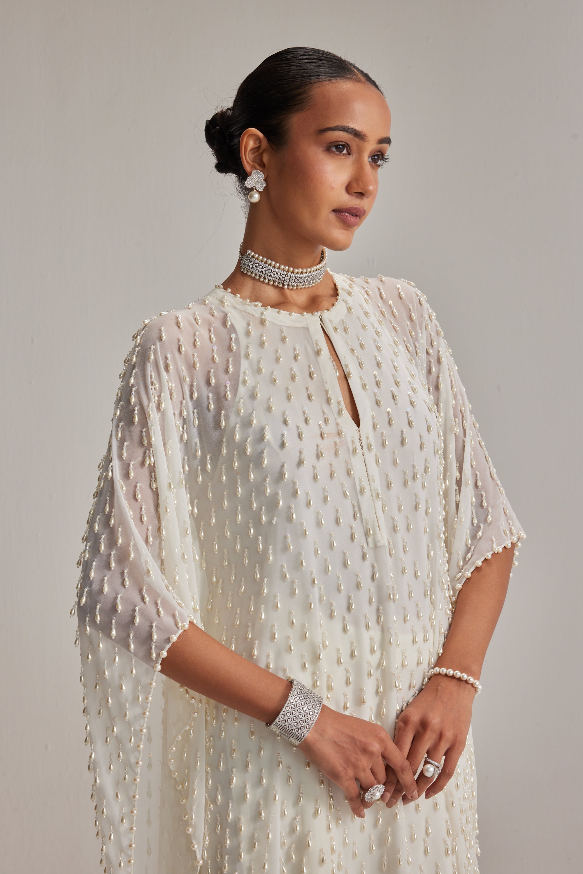 Off White Pearl Drop Kaftaan Set