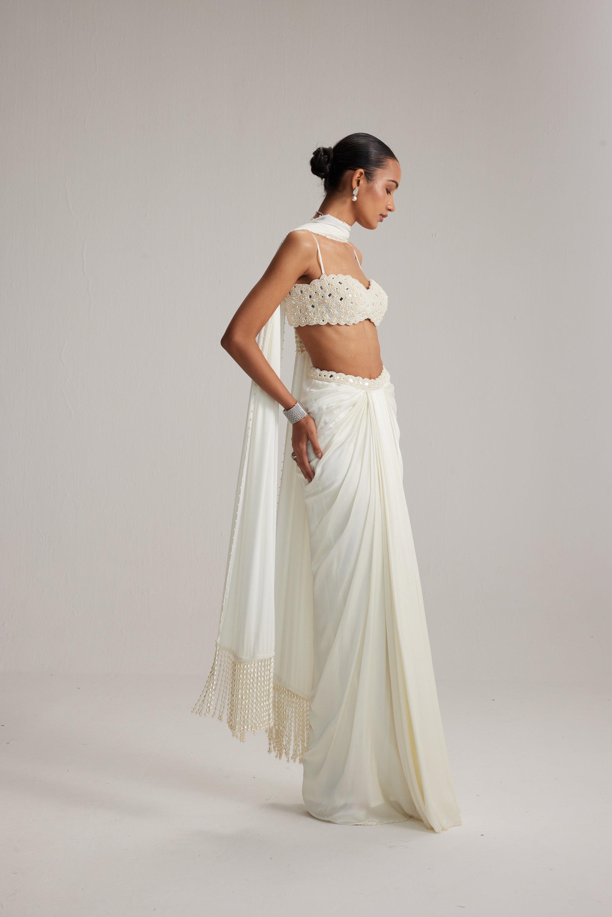 Off White Satin Draped Skirt Set