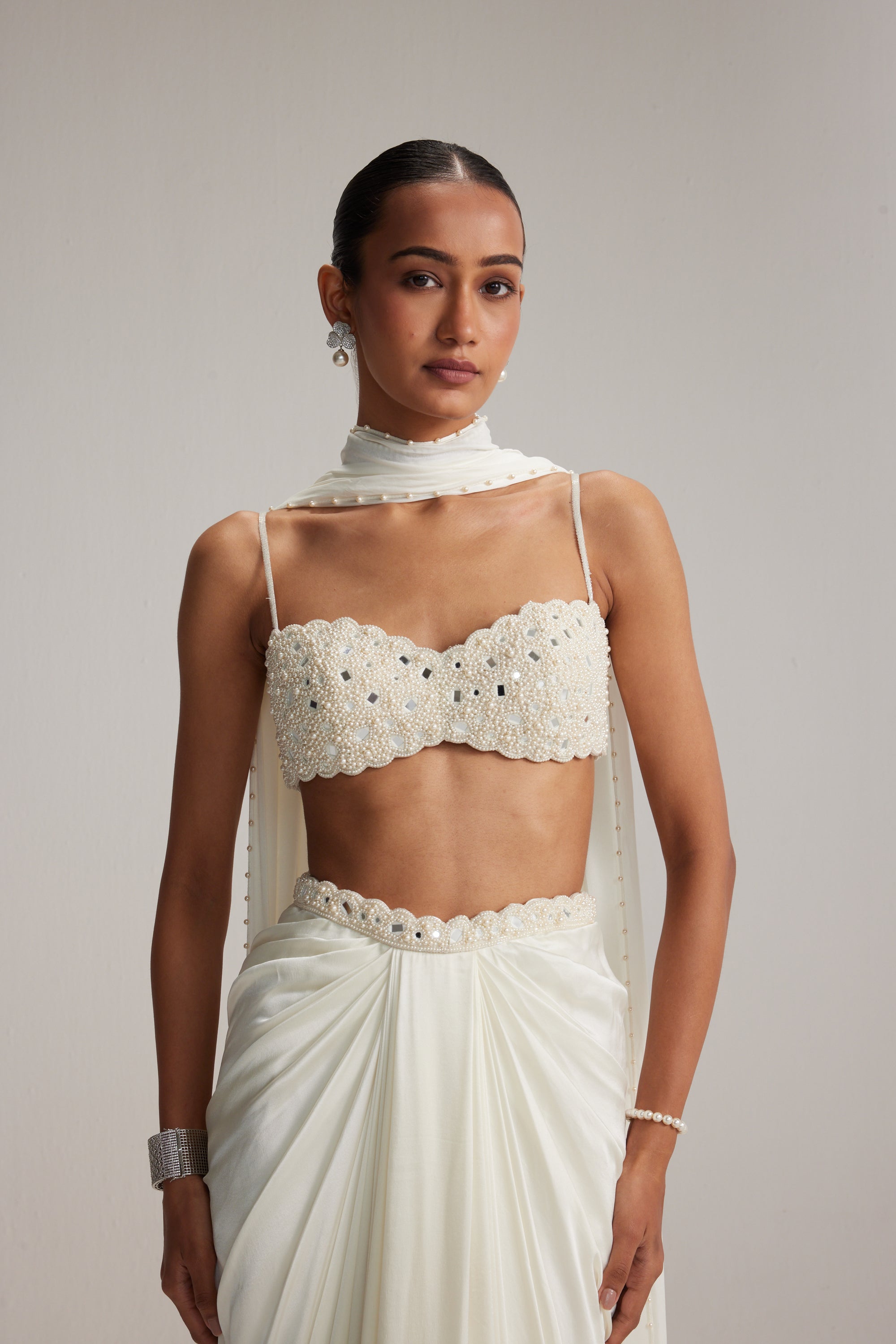 Off White Satin Draped Skirt Set
