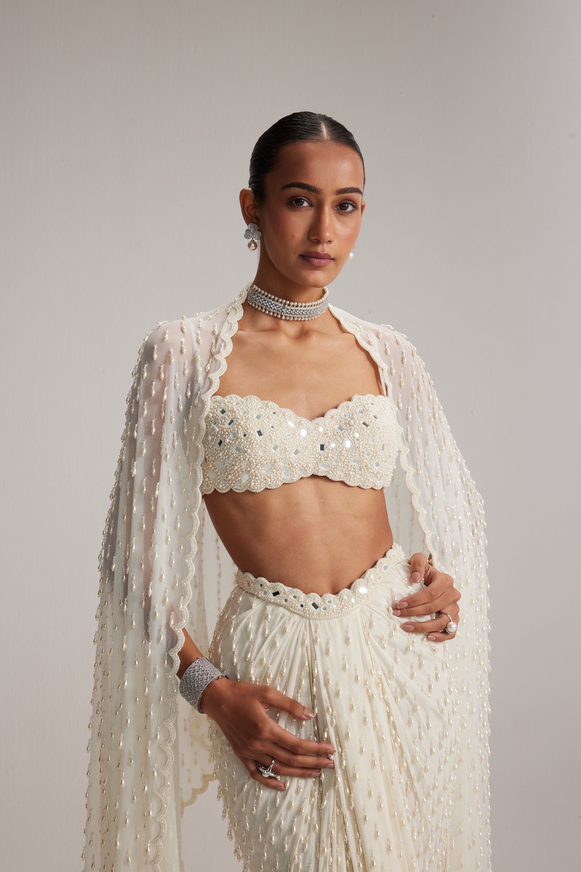Pearl White Dense Drop Draped Skirt Set
