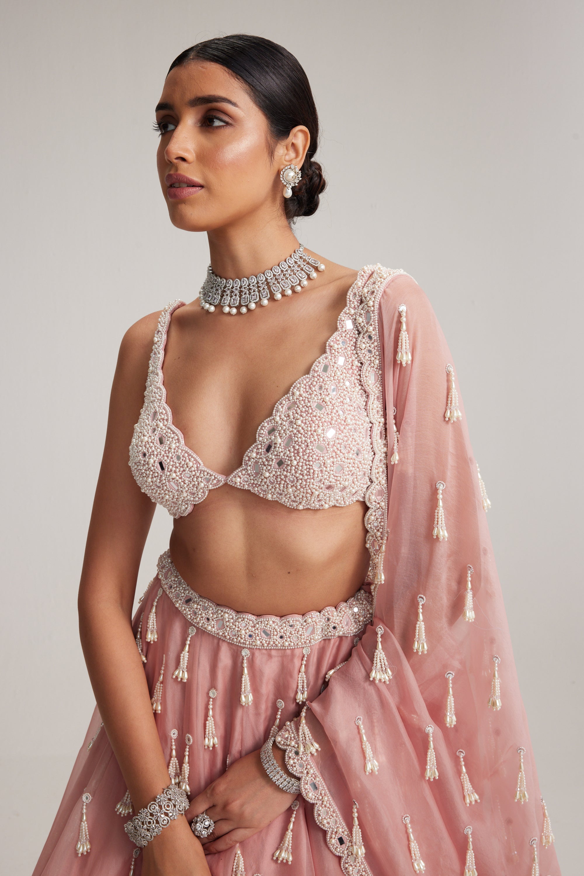 Dusty Rose Organza Long Pearl Tassels Lehenga Set