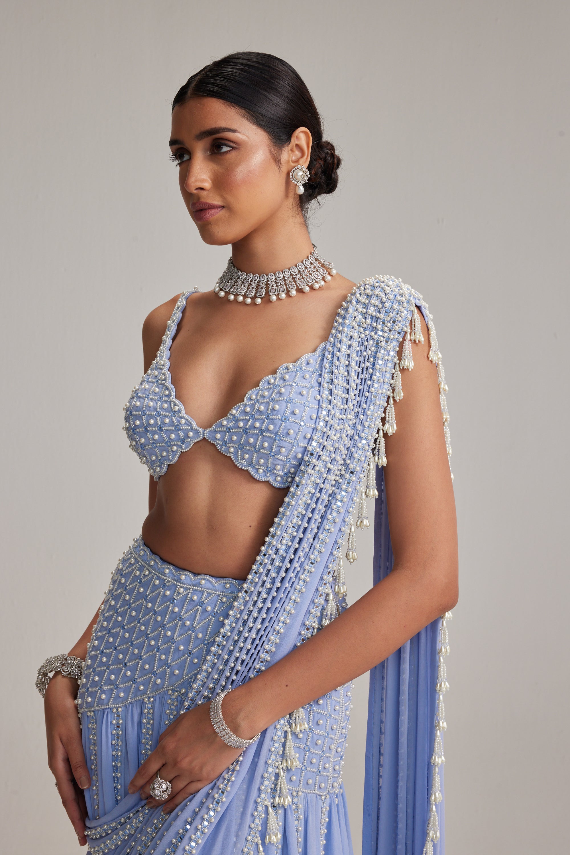 Dew Blue Linear Mirror And Pearl Embroidered Draped Saree Set