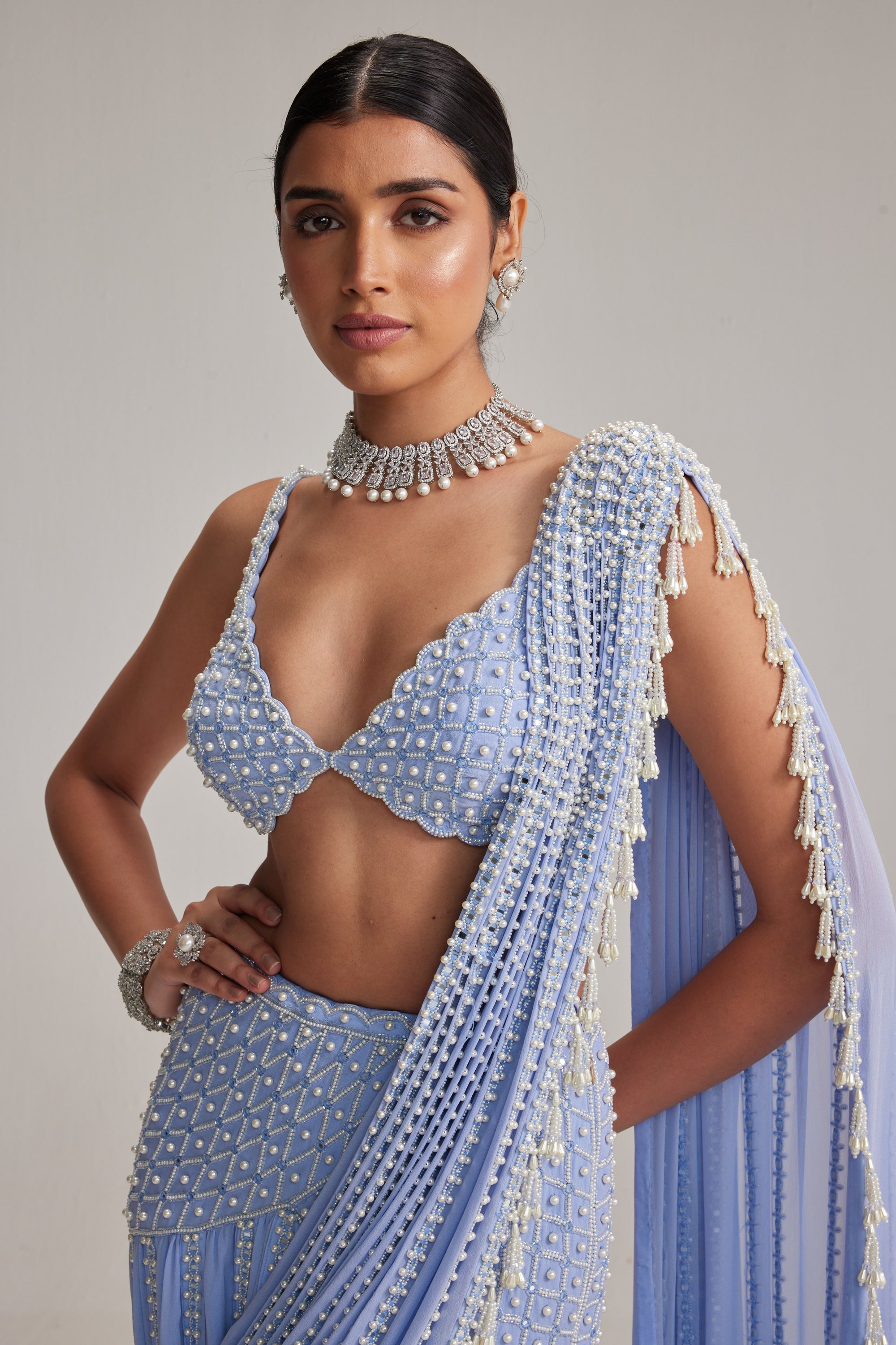 Dew Blue Linear Mirror And Pearl Embroidered Draped Saree Set