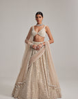 Light Beige Dense Mirror And Pearl Lehenga Set With Double Dupatta