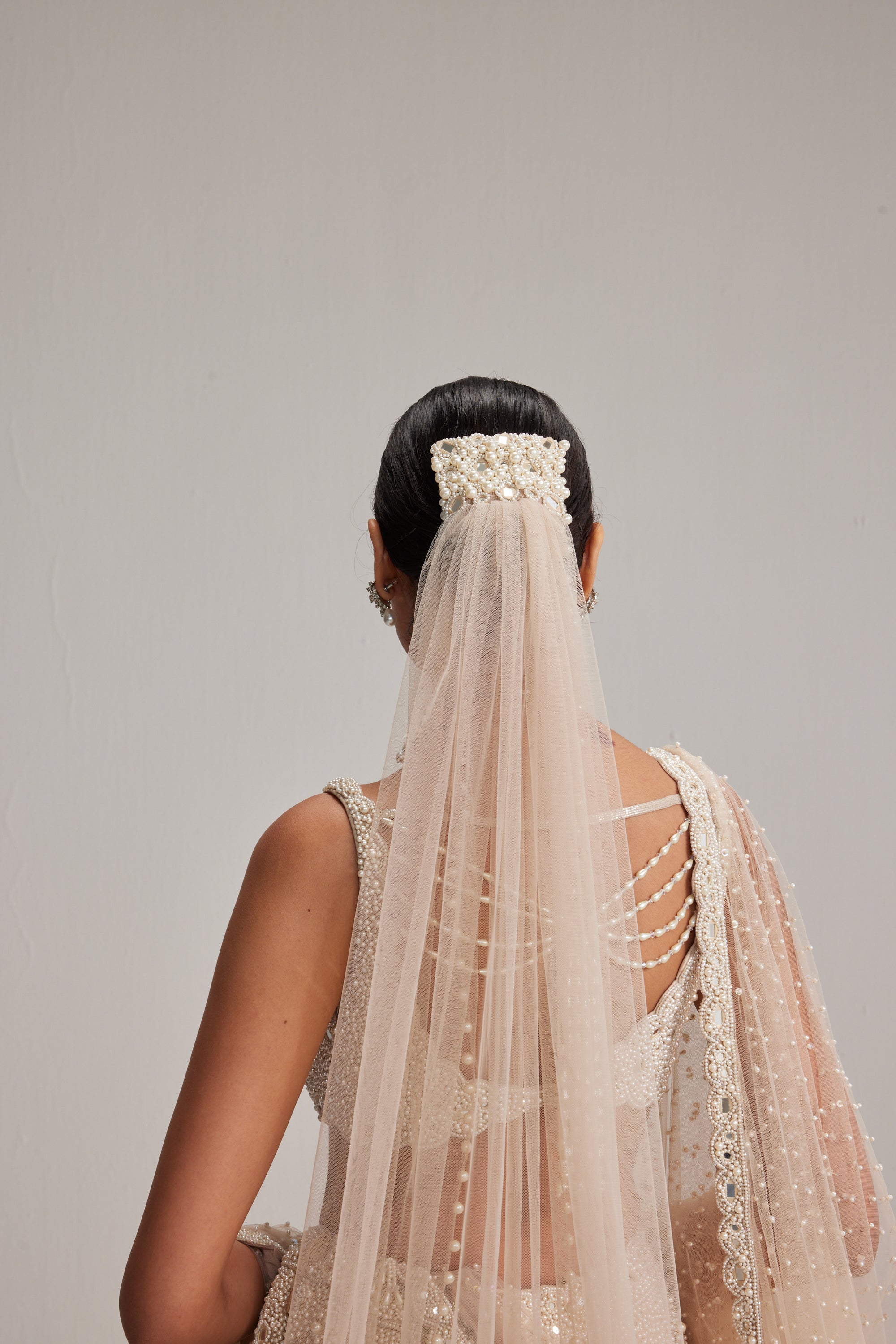 Light Beige Dense Mirror And Pearl Lehenga Set With Double Dupatta And Veil