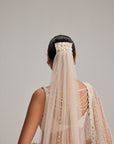 Light Beige Dense Mirror And Pearl Lehenga Set With Double Dupatta And Veil