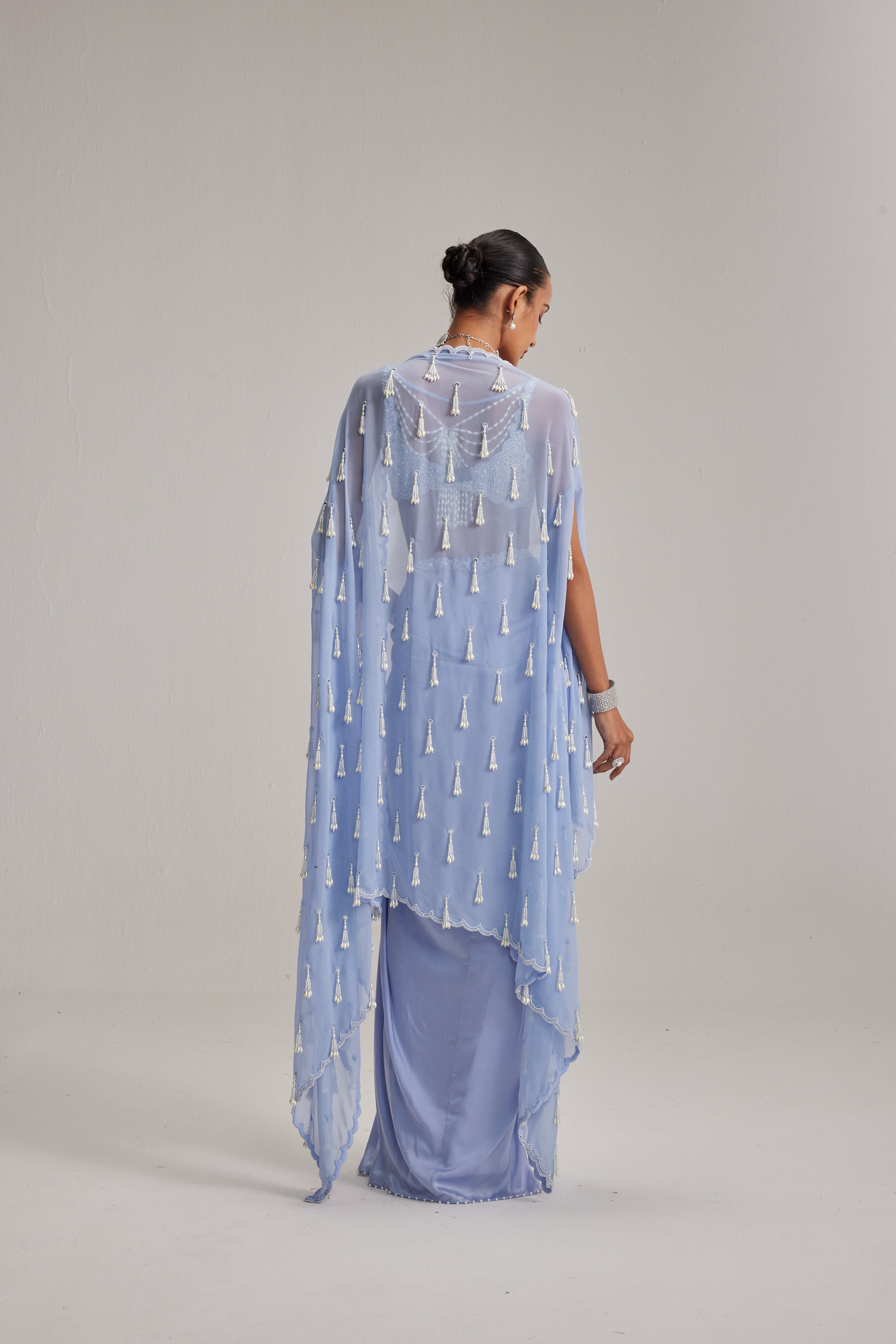 Dew Blue Cape And Satin Draped Skirt Set