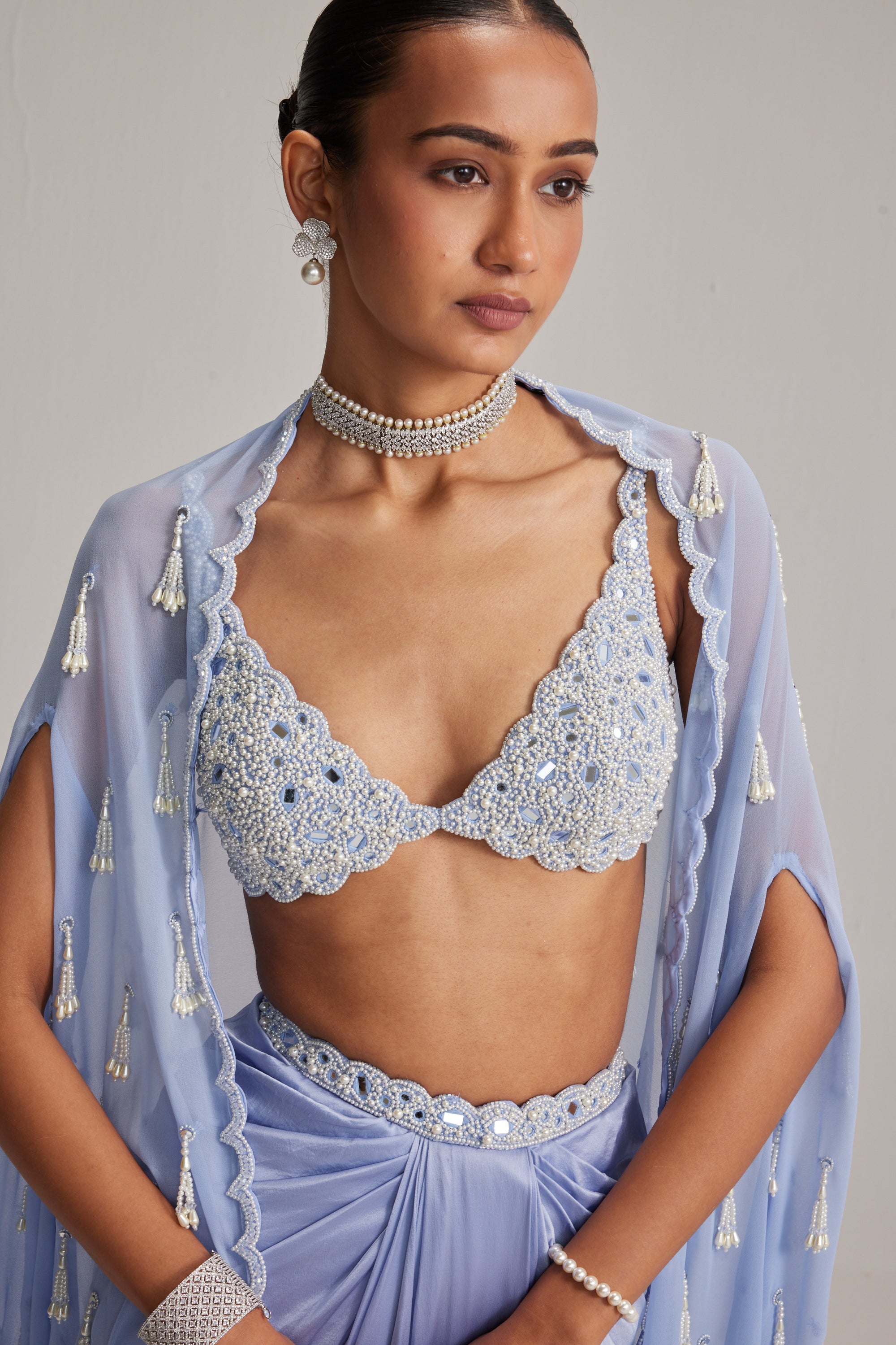 Dew Blue Cape And Satin Draped Skirt Set