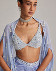 Dew Blue Cape And Satin Draped Skirt Set