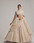 Light Beige Dense Mirror And Pearl Lehenga Set With High Neck Blouse And Dupatta