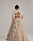 Light Beige Dense Mirror And Pearl Lehenga Set With High Neck Blouse And Double Dupatta