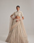 Light Beige Dense Mirror And Pearl Lehenga Set With High Neck Blouse And Double Dupatta
