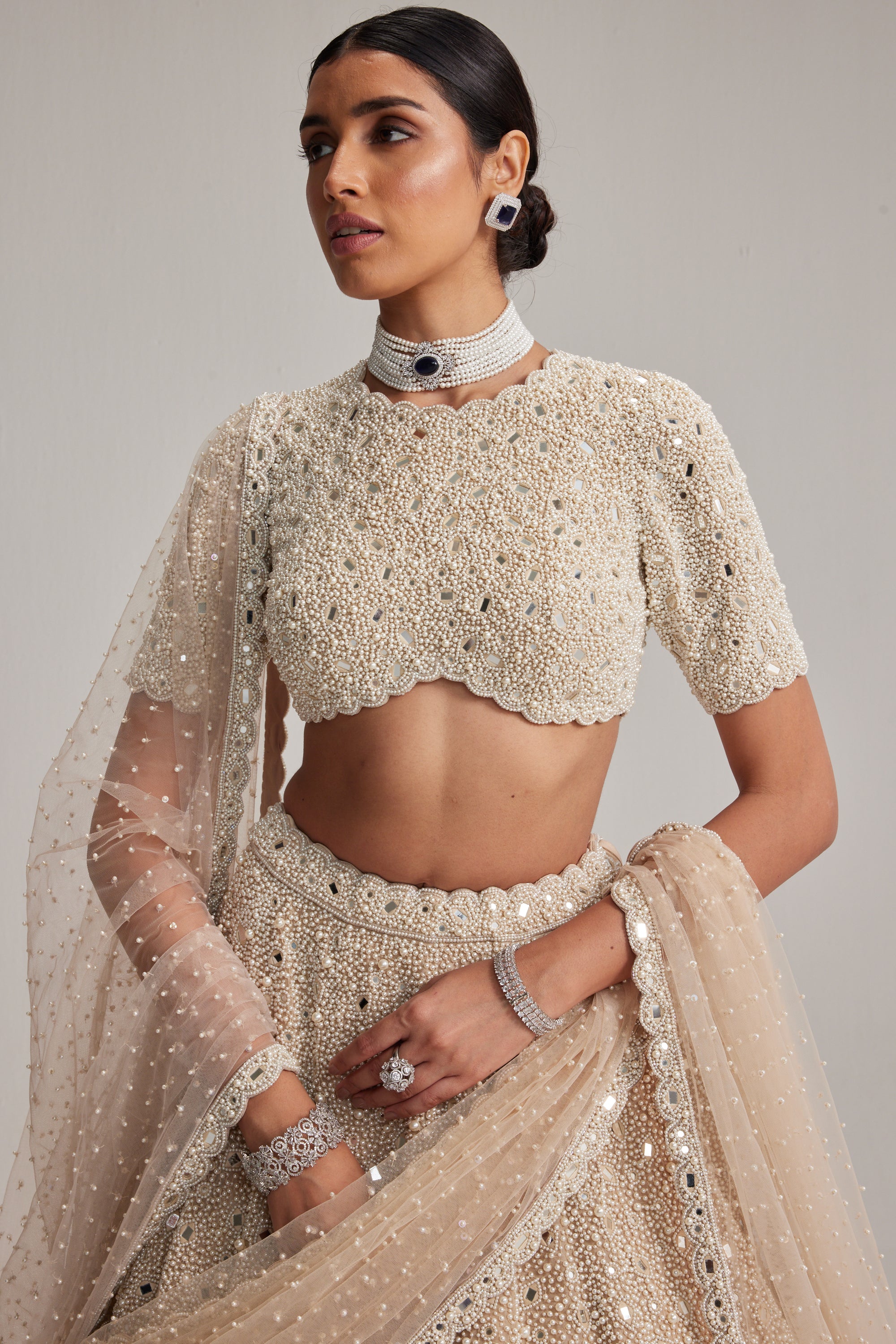 Light Beige Dense Mirror And Pearl Lehenga Set With High Neck Blouse And Double Dupatta