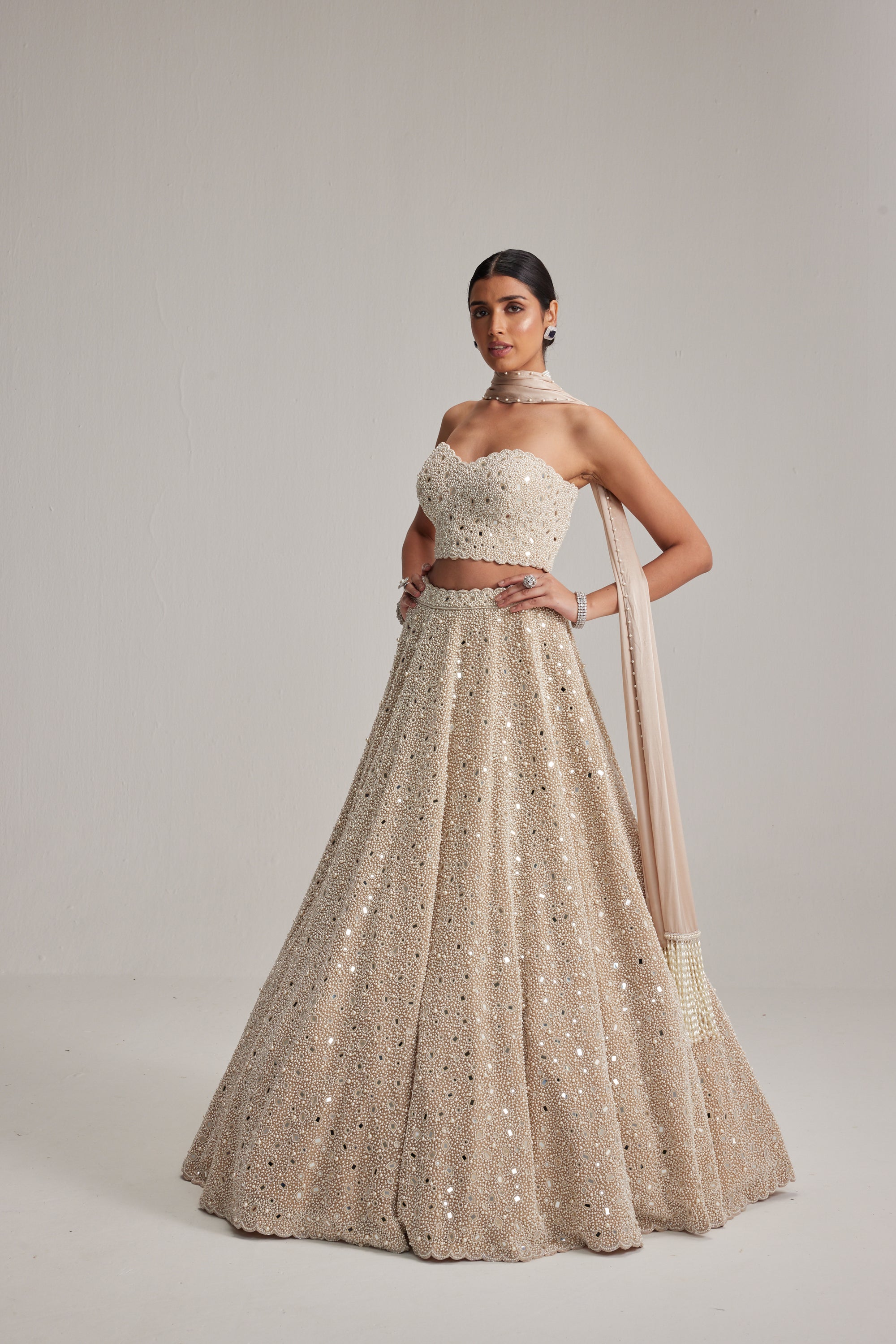 Light Beige Mirror And Pearl Corset Lehenga Set With Stole