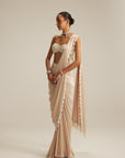 Light Beige Mirror And Pearl Satin Draped Saree Set