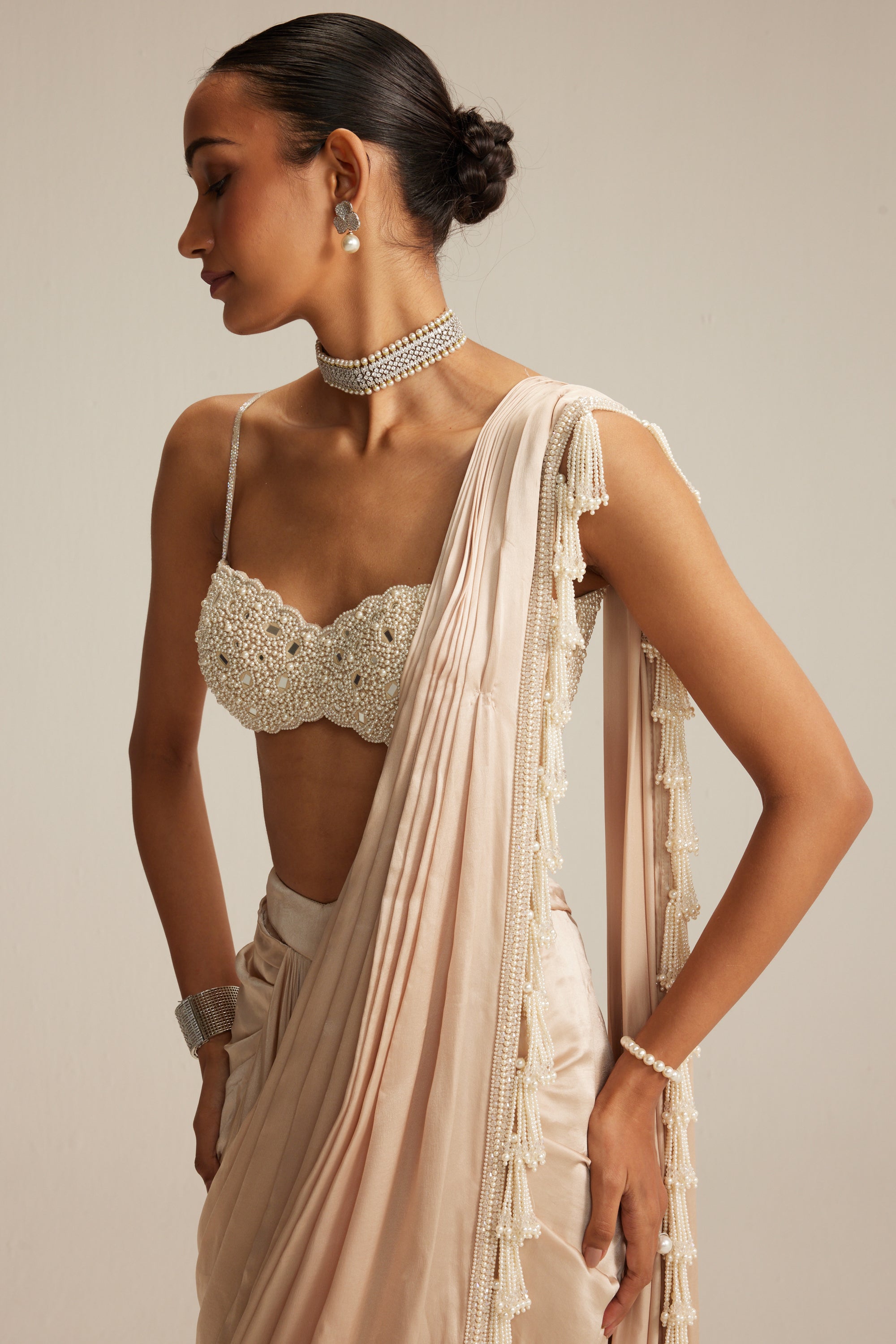 Light Beige Mirror And Pearl Satin Draped Saree Set