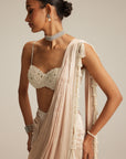 Light Beige Mirror And Pearl Satin Draped Saree Set