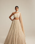 Light Beige Dense Mirror And Pearl One Shoulder Lehenga Set