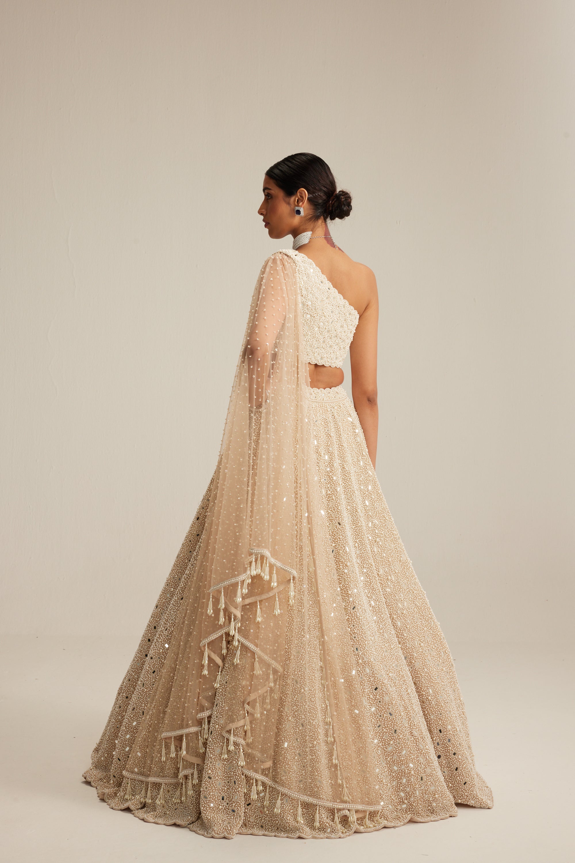 Light Beige Dense Mirror And Pearl One Shoulder Lehenga Set