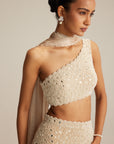 Light Beige One Shoulder Pencil Skirt With Stole Set
