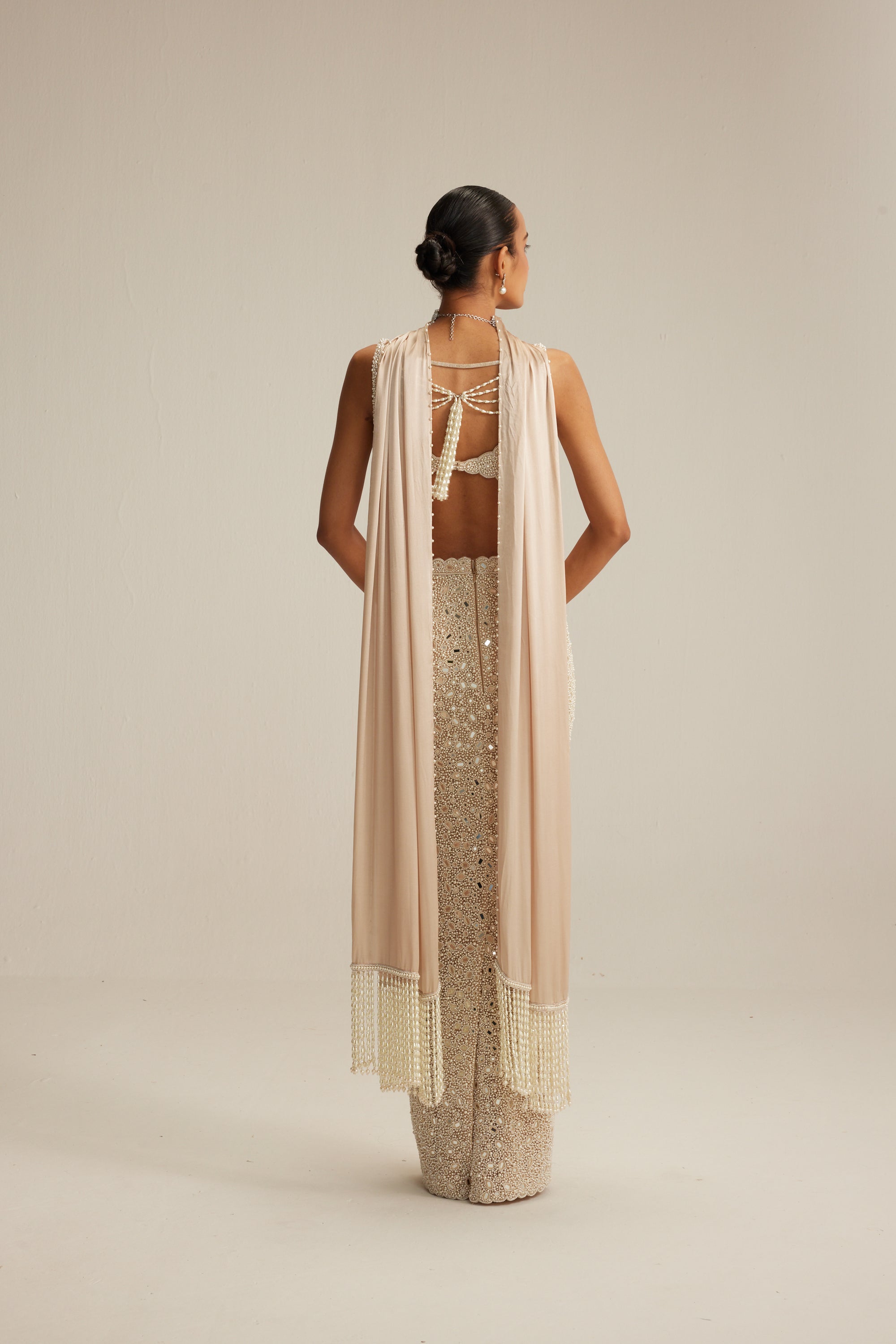 Light Beige V Neck Pencil Skirt Set.