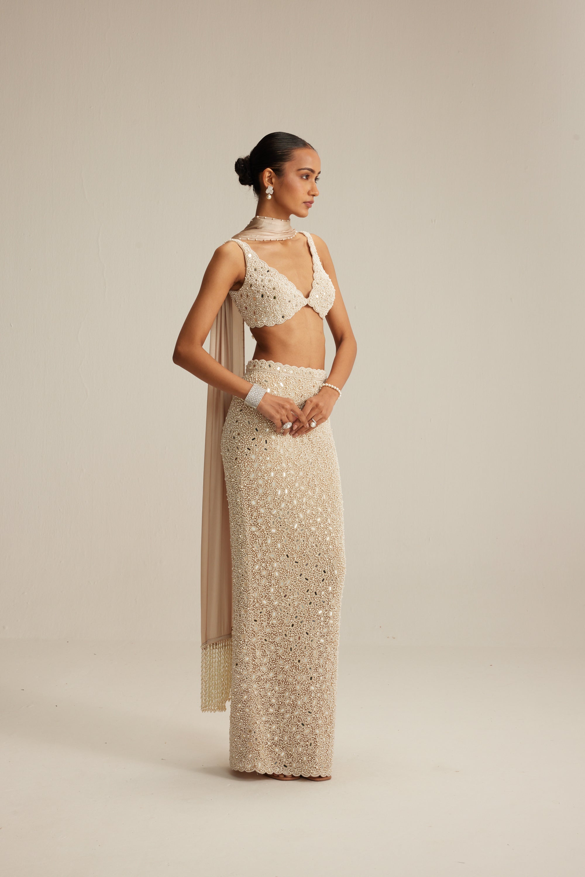 Light Beige V Neck Pencil Skirt Set.
