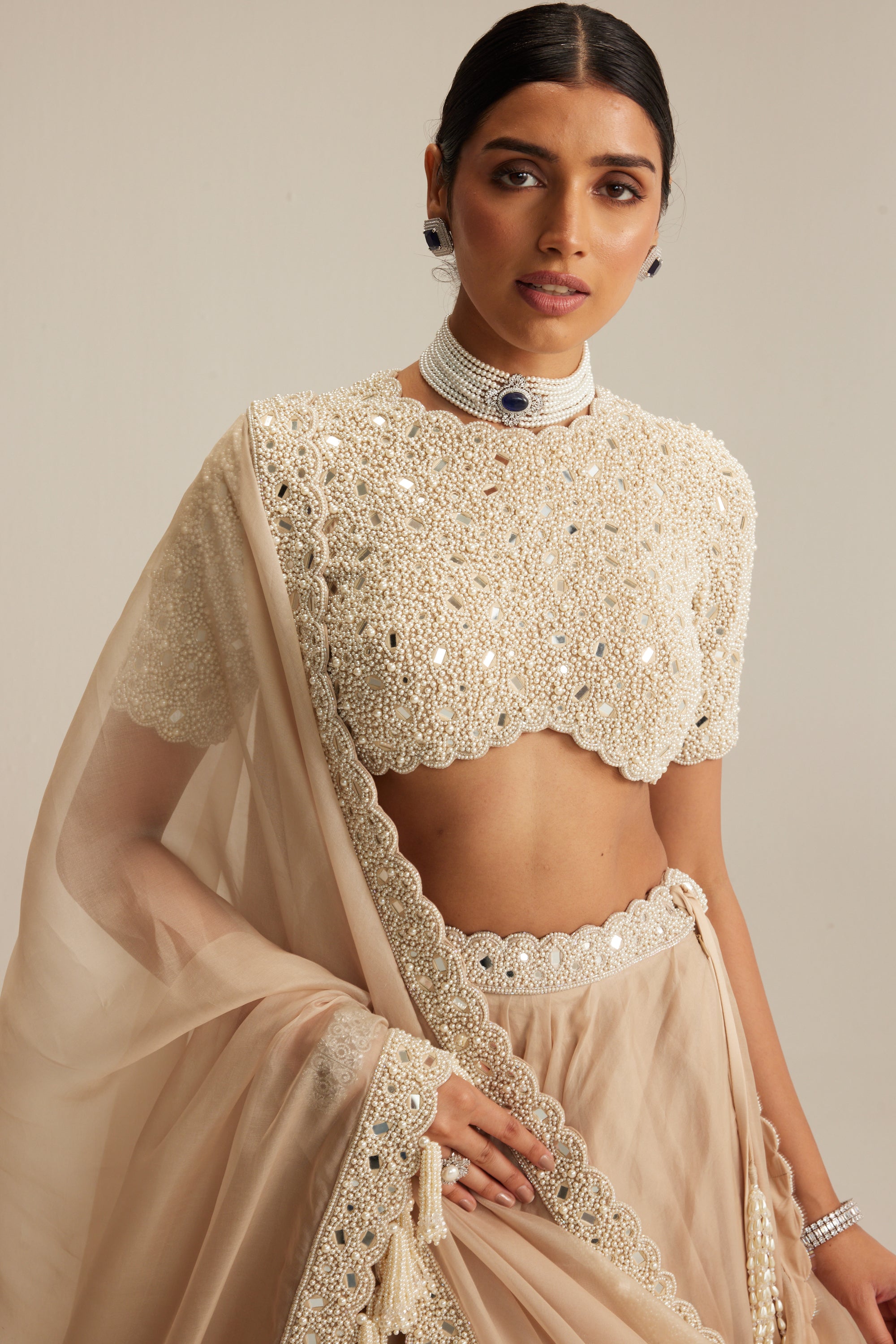 Light Beige High Neck Organza Mirror And Pearl Lehenga Set