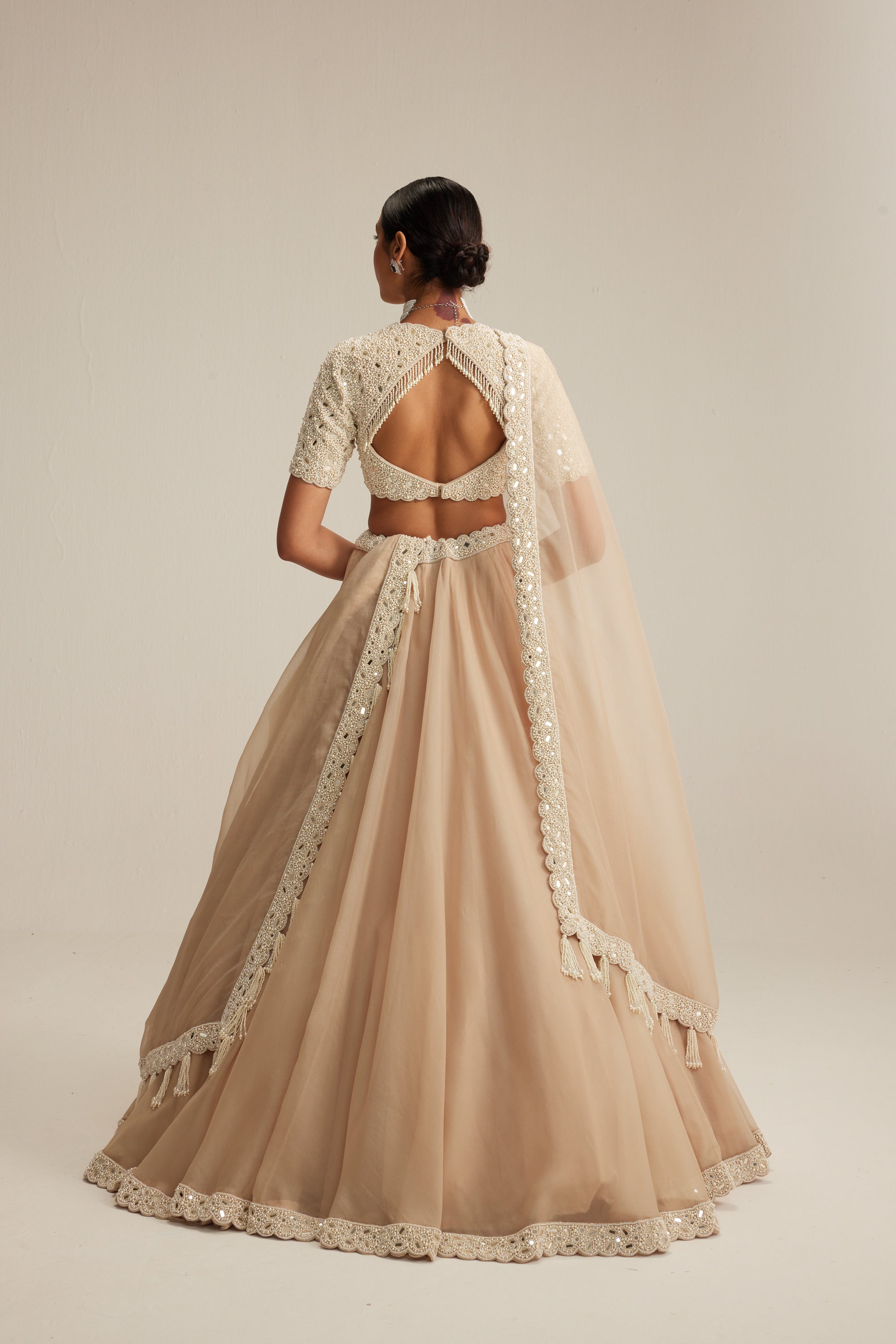 Light Beige High Neck Organza Mirror And Pearl Lehenga Set