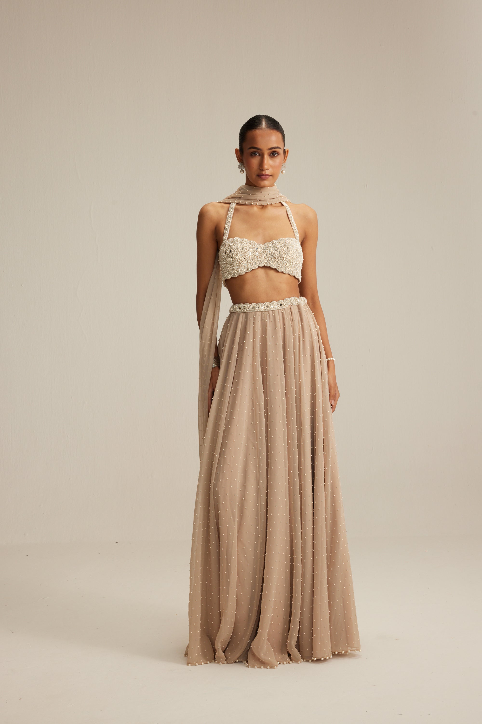 Light Beige Skirt Set With Halter Neck Blouse