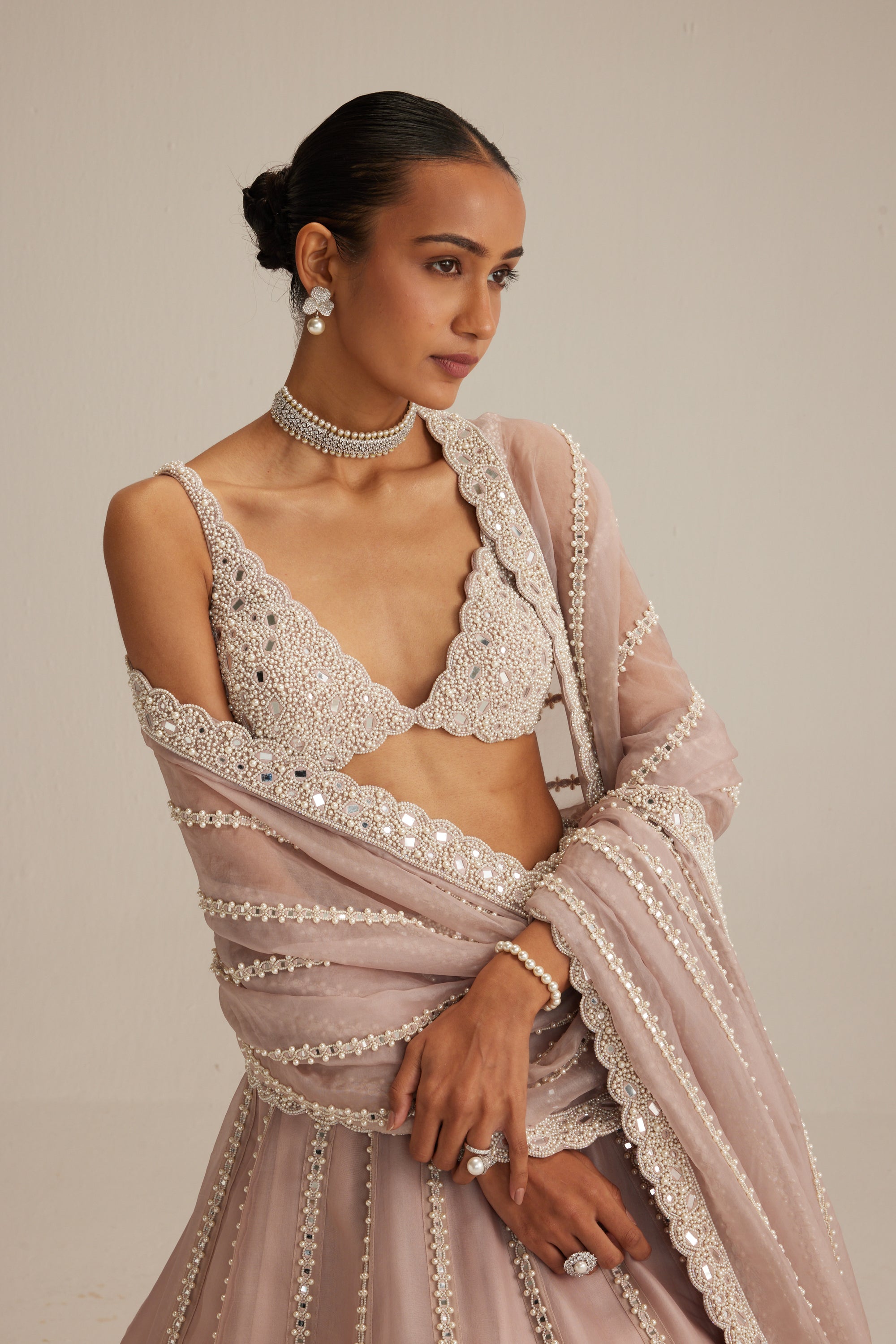 Ash Pink Pearl Mirror Linear Lehenga With V Neck Blouse