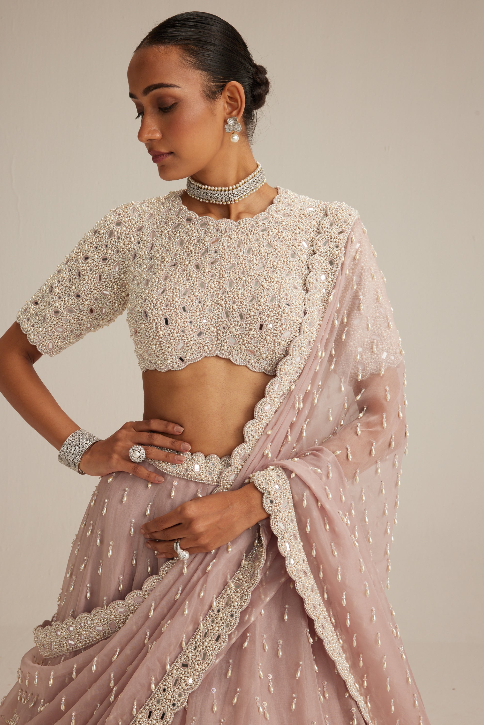 Ash Pink Pearl Drop Lehenga With High Neck Blouse