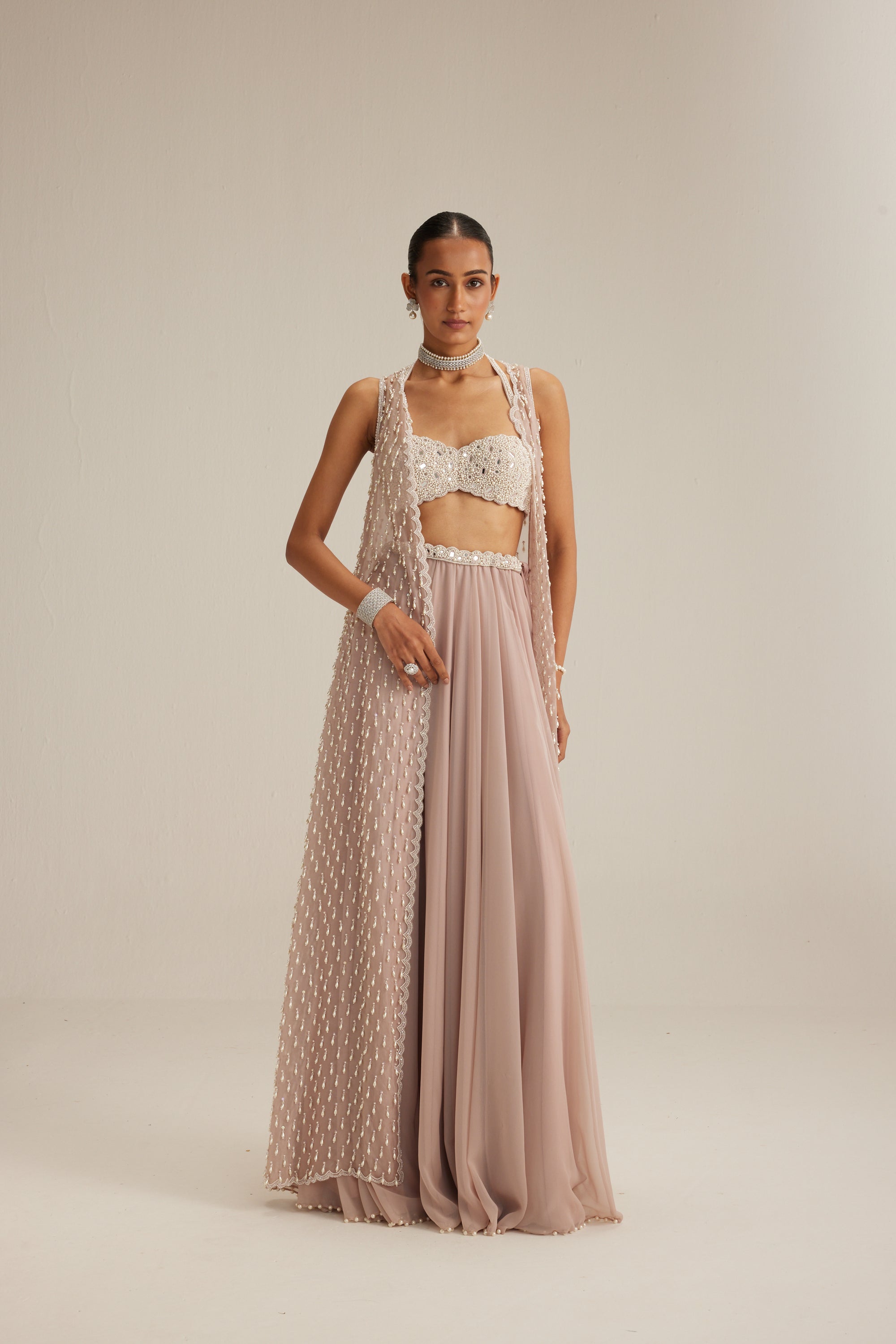 Light Beige Organza Mirror And Pearl Lehenga Set
