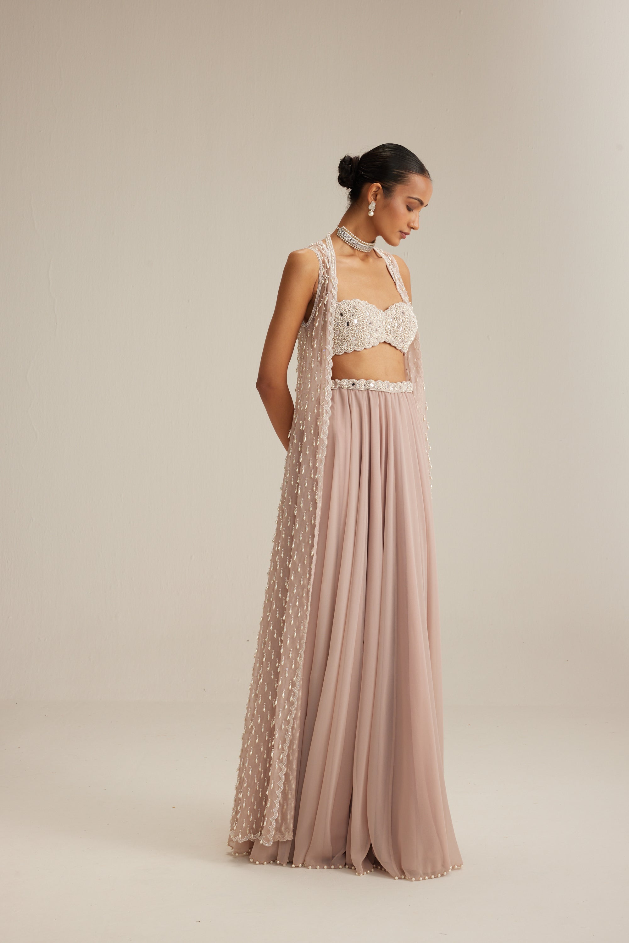 Light Beige Organza Mirror And Pearl Lehenga Set