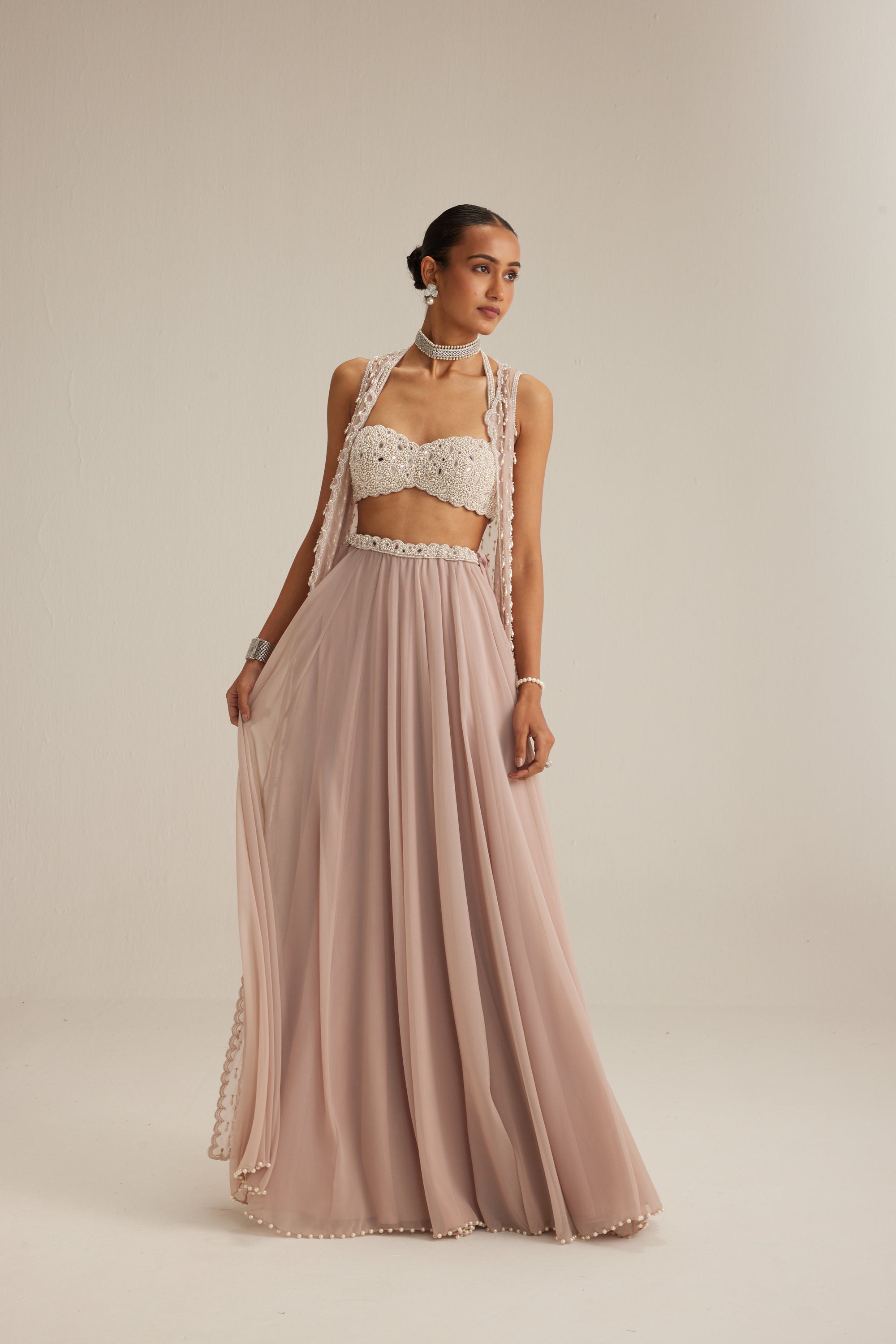 Light Beige Organza Mirror And Pearl Lehenga Set