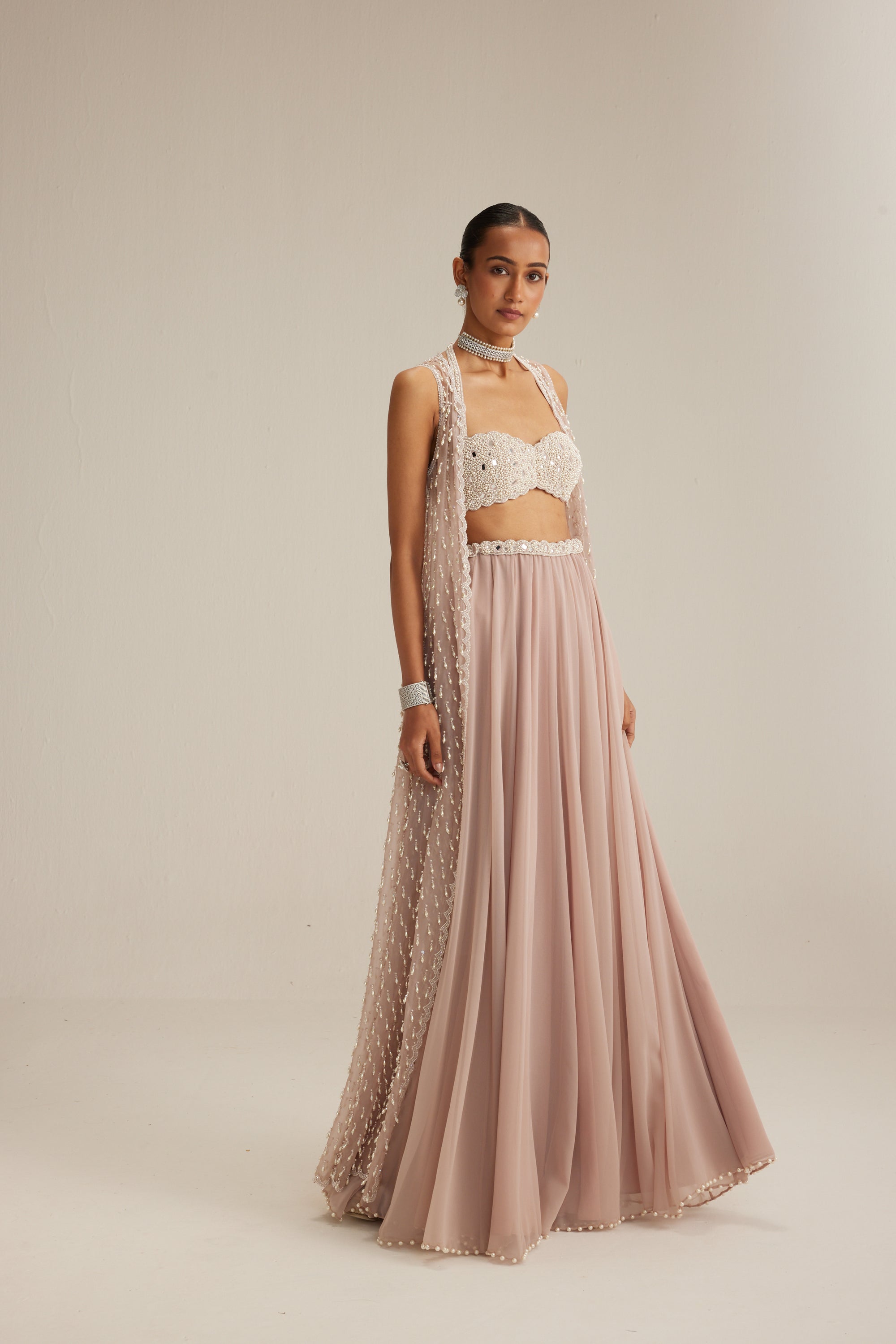 Light Beige Organza Mirror And Pearl Lehenga Set