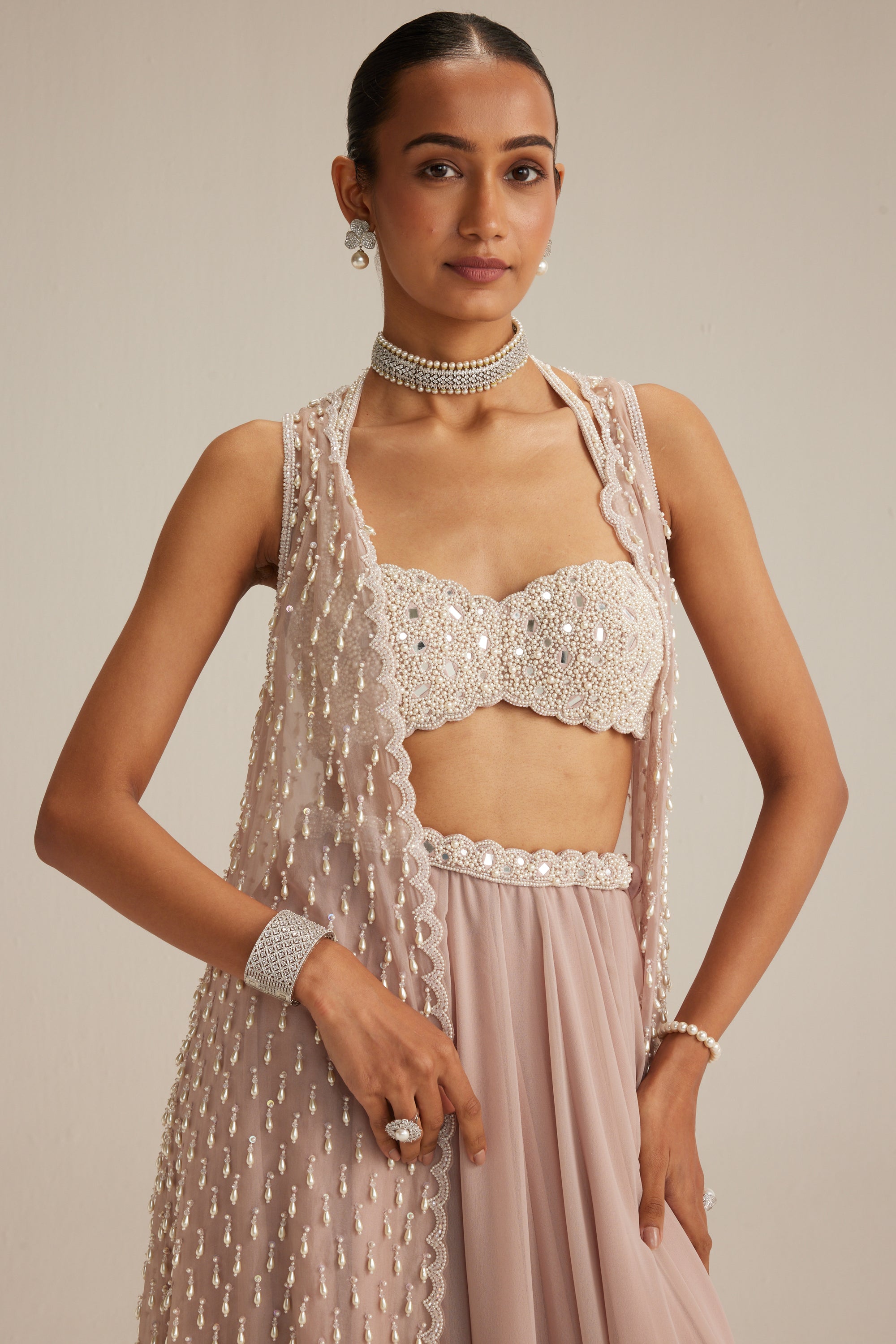 Light Beige Organza Mirror And Pearl Lehenga Set
